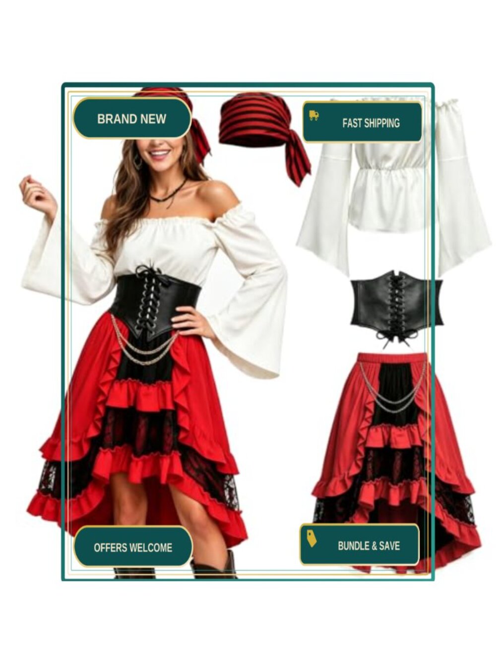 Womens Pirate Costume Set Corset Belt High Low Skirt Ren Faire Outfit